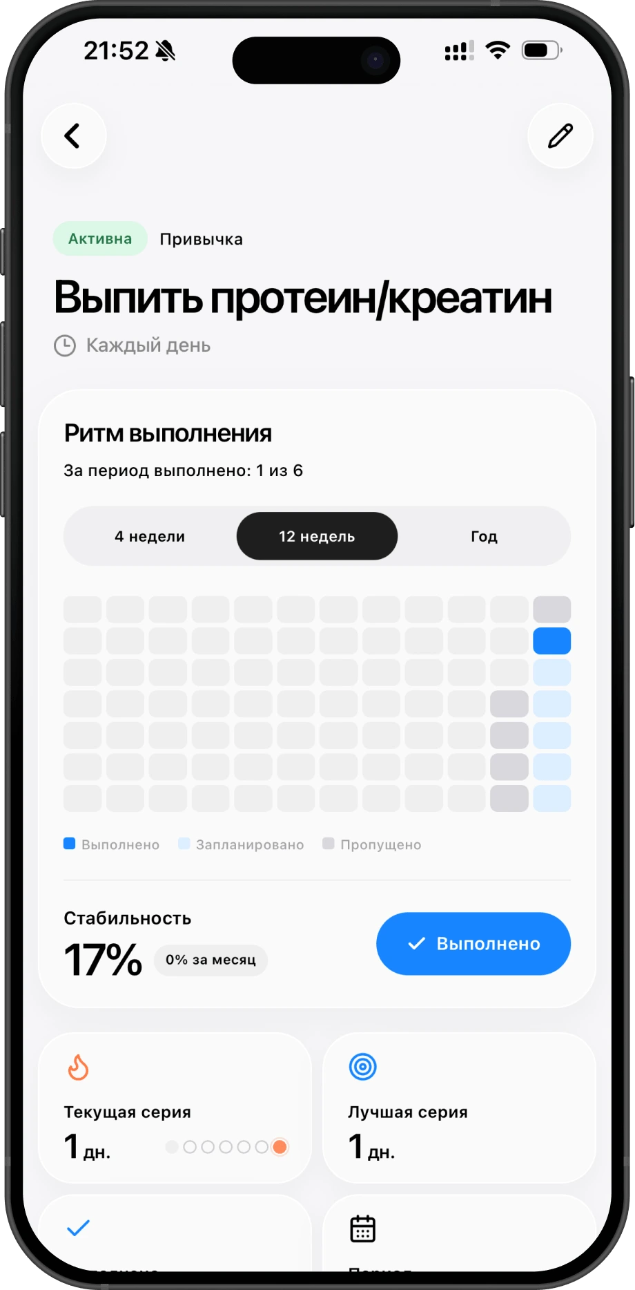 Экран ритма действия в приложении Ziz