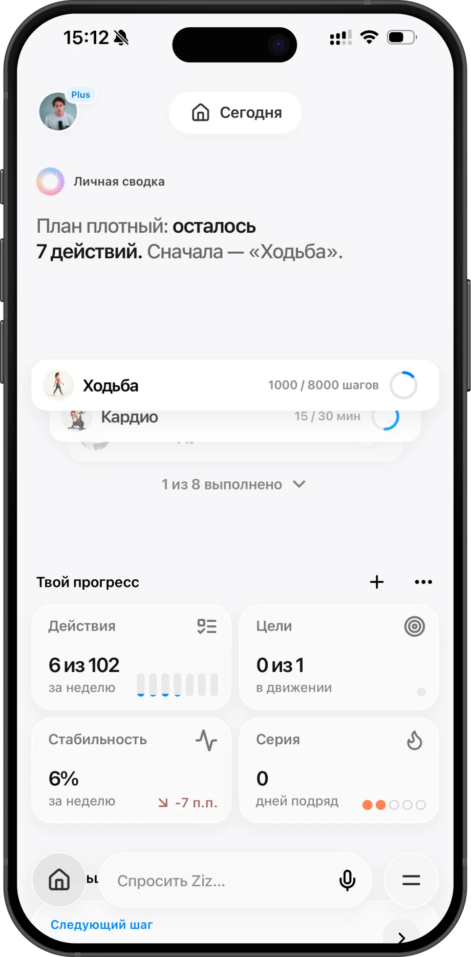 Экран личной сводки и рекомендаций в приложении Ziz