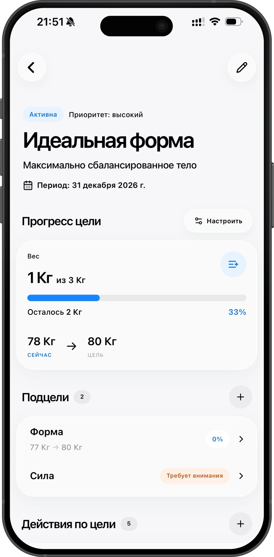 Экран прогресса цели в Ziz